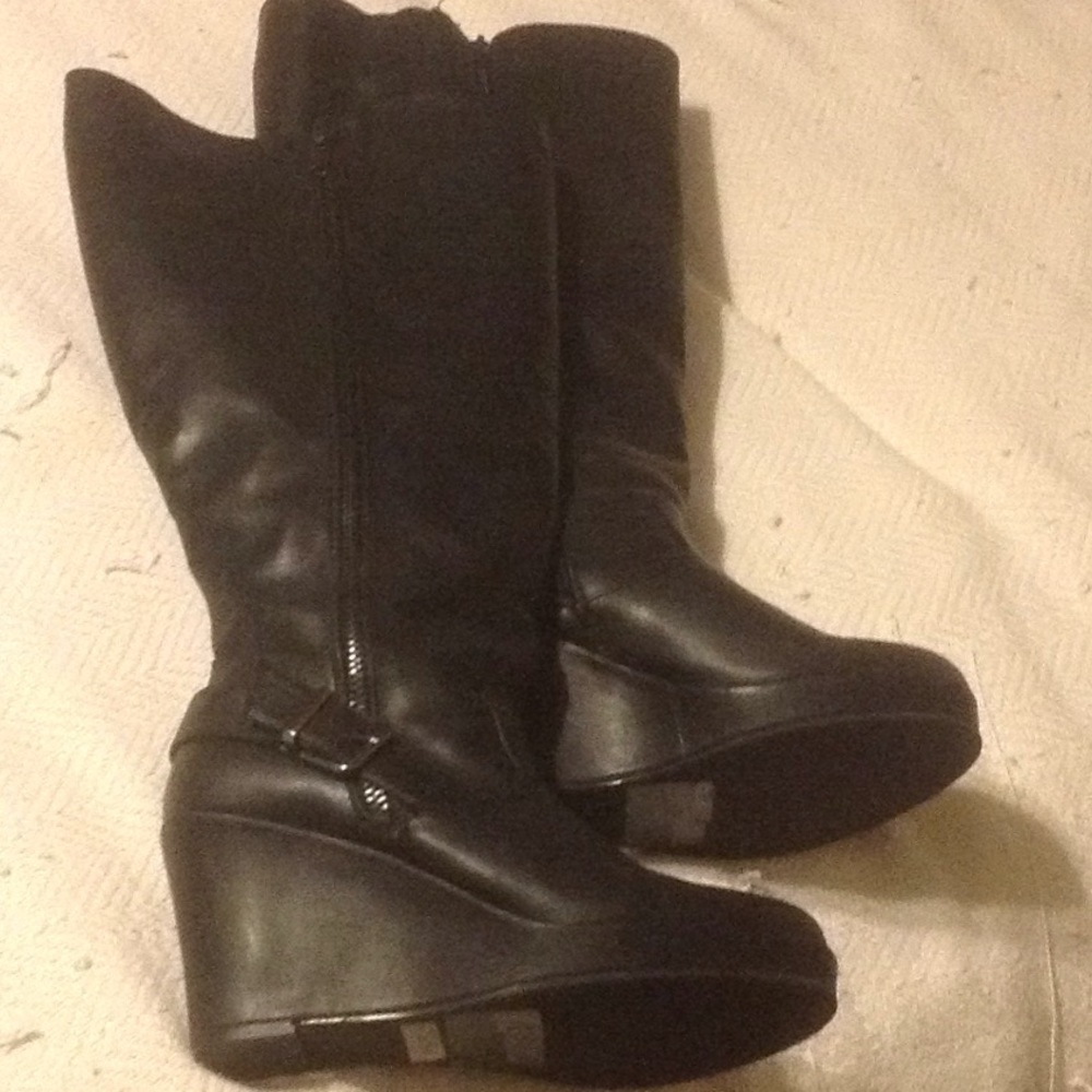 Knee High Black Wedge Heel Boots